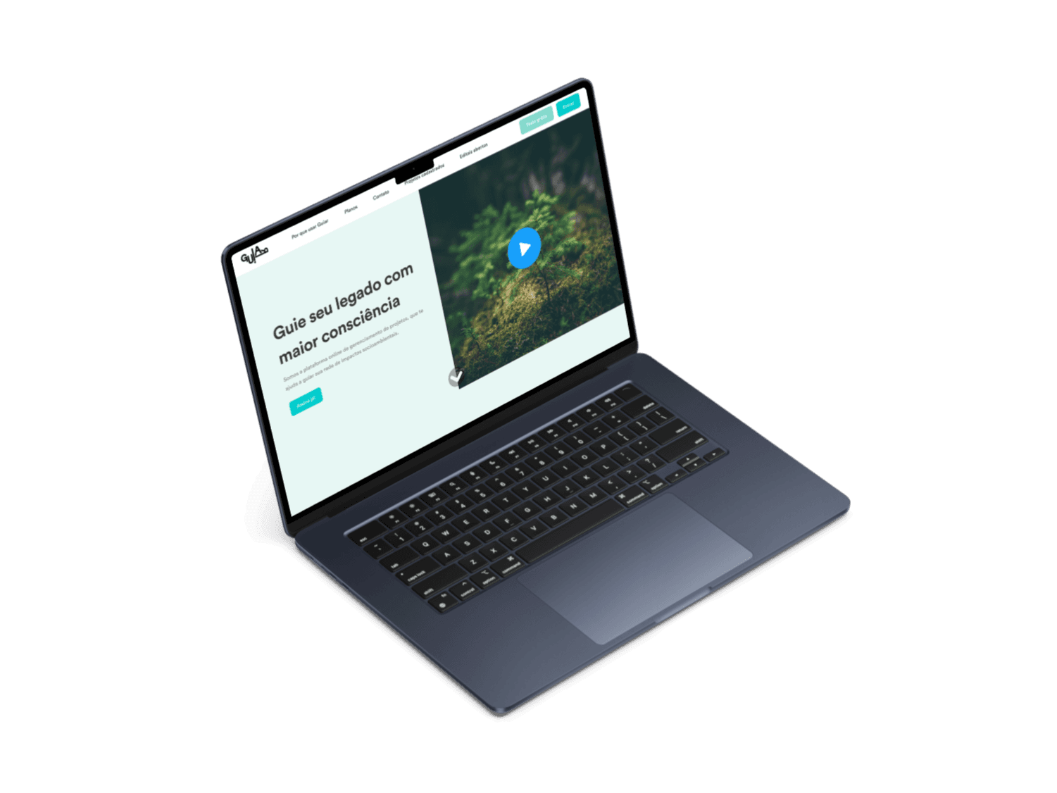 GUIAR platform, laptop mockup showing the landing page hero with forest imagery