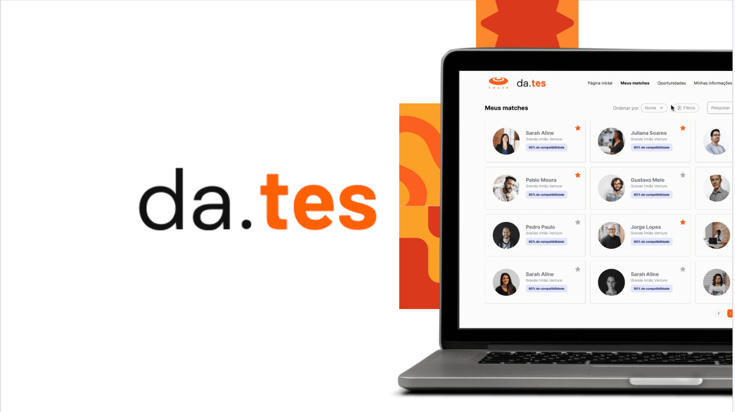 da.tes platform — cover art with laptop mockup showing the matches interface